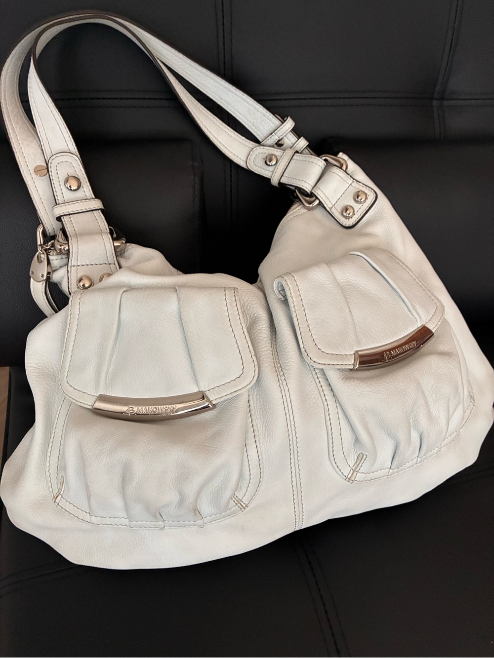 b. makowsky White Leather Hobo with Front Flap Pockets